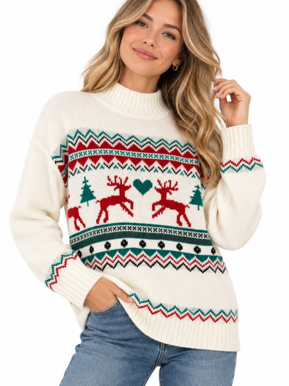 Tint & Shadow Christmas Fair Isle Reindeer Mock Neck Sweater Cream Size Small